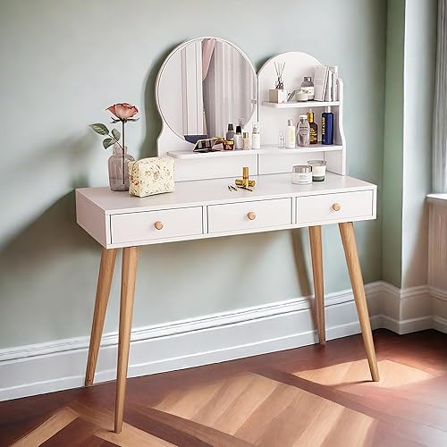 Escritorio de maquillaje con espejo y luces, tocador con 3 cajones, estante de almacenamiento, 3 modos de iluminación de brillo ajustable, mesa de