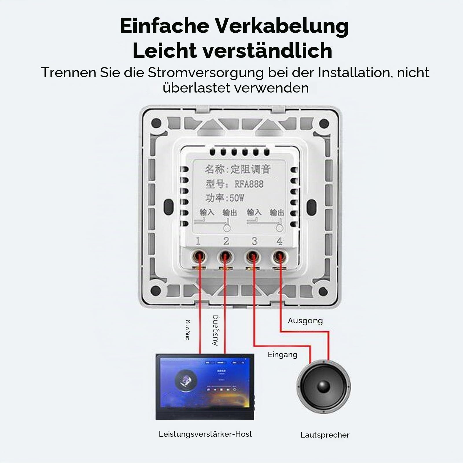 Lautstärkeregler für Wandmontageplatte, 50-W-Lautsprecher-Lautstärkeregler, mit Drehknopf, für HiFi-Heim-Audio-Lautsprecher (Weiß)