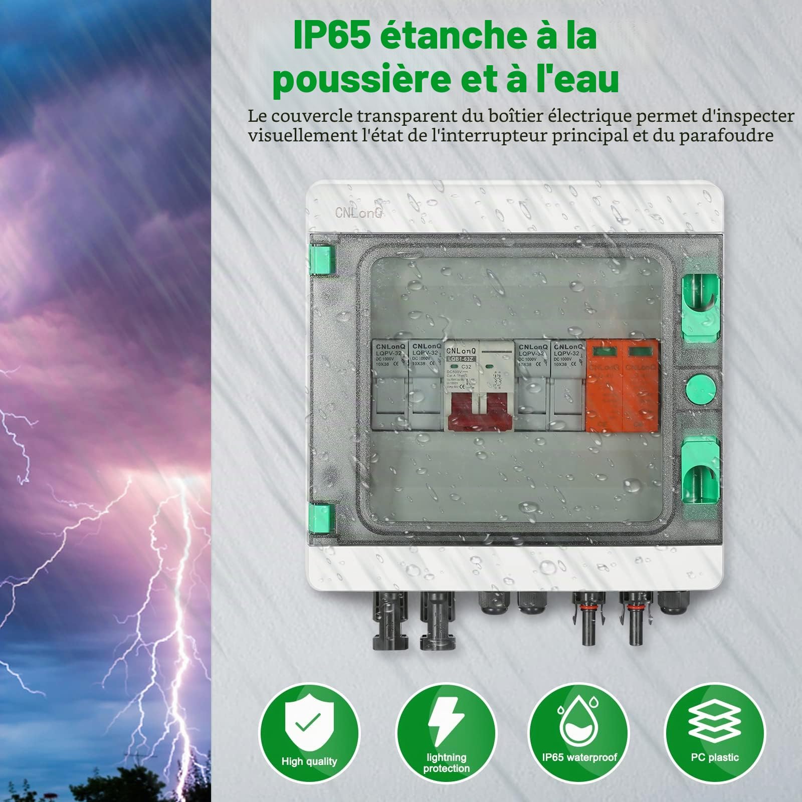 Boîte de Combinaison Solaire Étanche IP65 à 2 Voies avec Disjoncteur DC500V 32A et Fusibles 15A et Parafoudre 40KA,pour Système Solaire Photovoltaïque Boîte d'Électricité