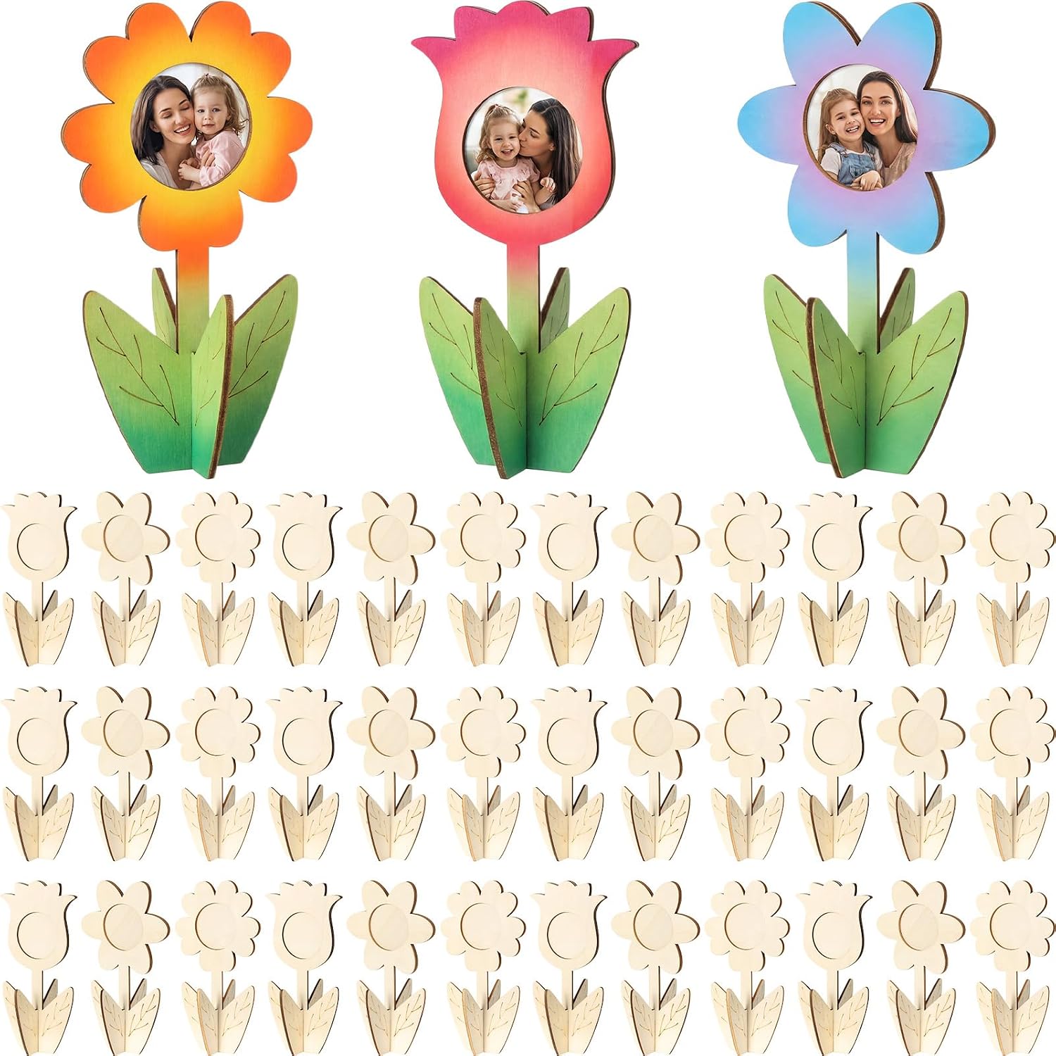 DoubleFill 36 Pcs Mother's Day Crafts DIY Flower Picture Frame Bulk Unfinished Wood Floral Photo Holder Gifts for Painting School Daycare Birthday Holiday Supplies