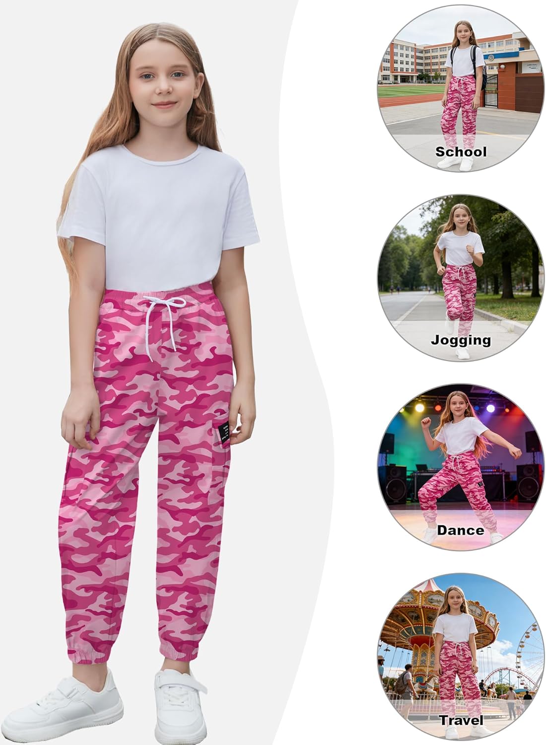 Cromoncent Girls & Womens Camo Print Cargo Pants Outdoor Lightweight Jogger Baggy Pants, 6 Years - XX-Large