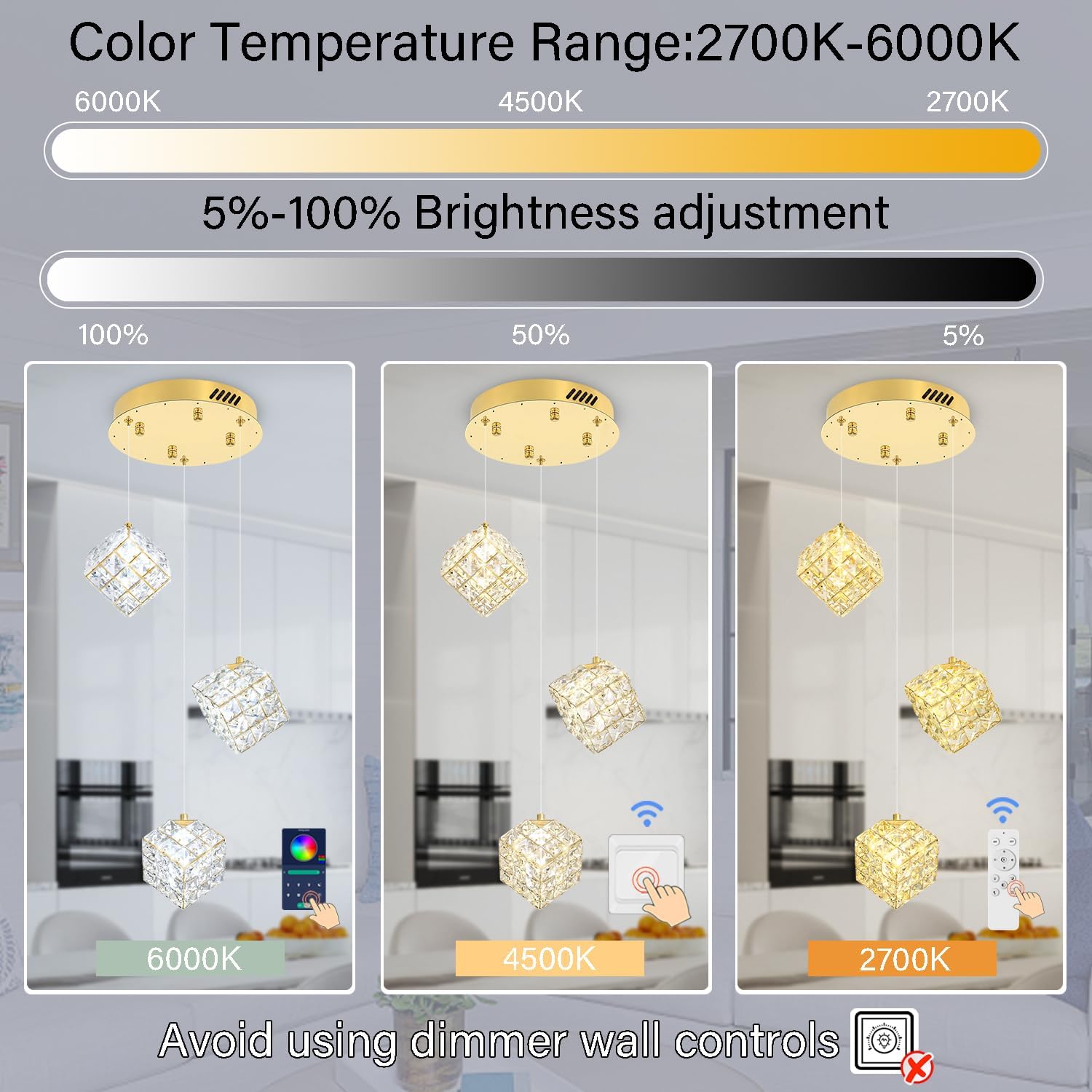 3-Light Pendants Lightfor Kitchen lsland Chandeliers Dining Room Square Entryway Light Fixture Hanging Adjustable Height Gold Crystal Chandeliers for Bedroom Hallway Foyer