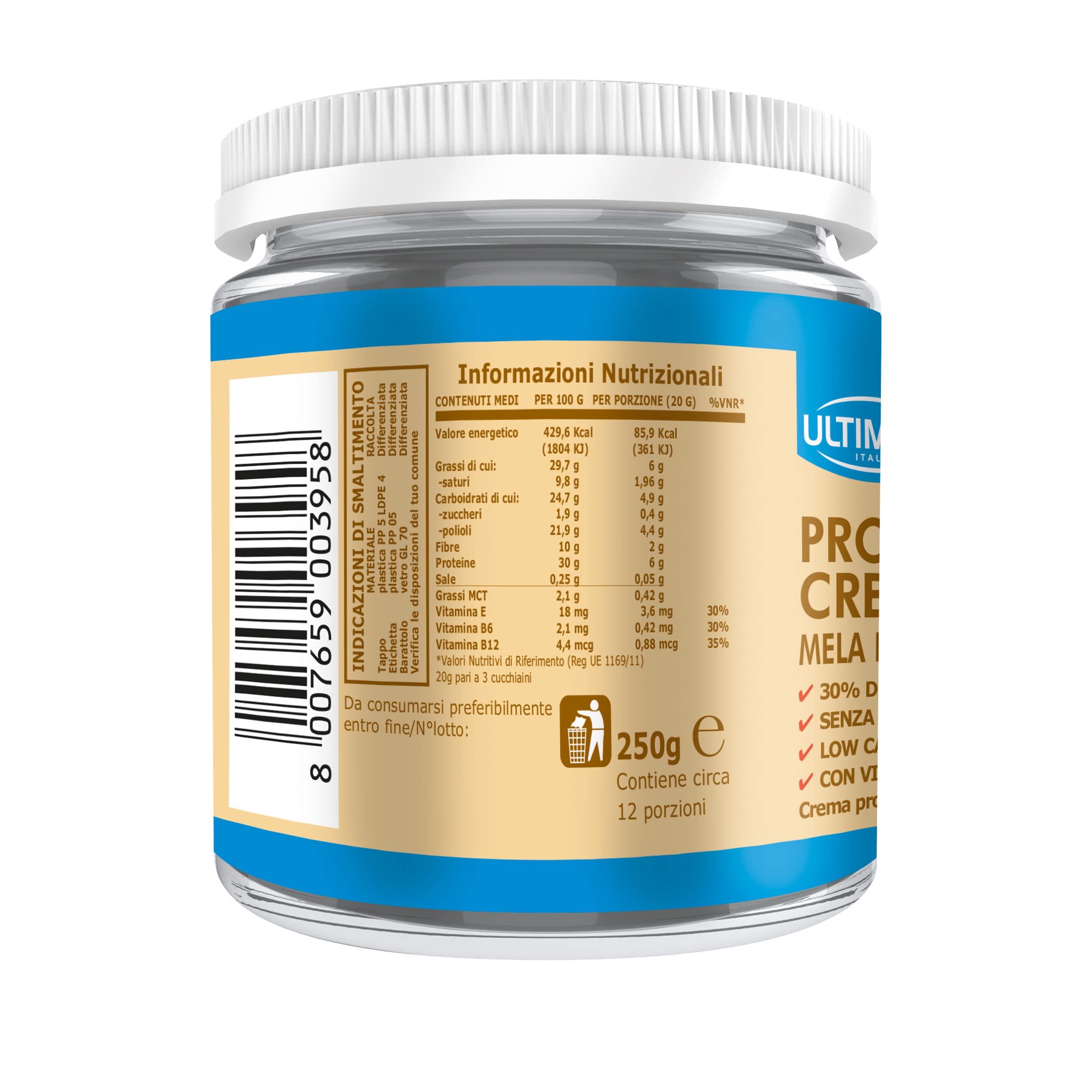 Ultimate Italia - Crema proteica al 30% spalmabile, senza zuccheri - 250g - gusto mela e cannella - poche calorie, senza glutine, con vitamine