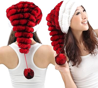 URSFUR Real Rabbit Fur Santa Hats Warm Winter Christmas Beanie Plush Pom Cap for Men Women (One Size, 2 Piece Santa Hats)