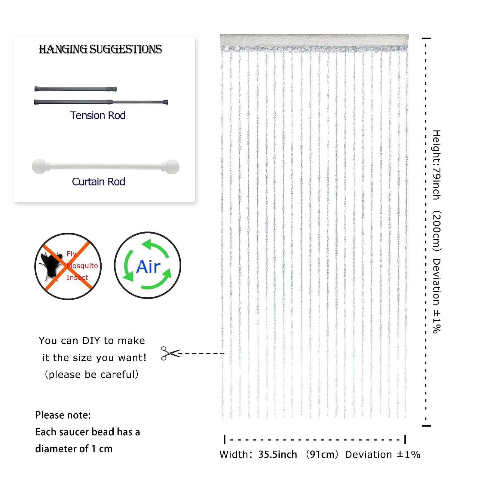 YaoYue Crystal Beaded Curtain Door Curtains Room Divider Hanging Diamond Acrylic Beads for Doorway Hippie Closet Bedroom Wall Window Backdrop Decor (35.5×79in/90×200cm, Crystal): Iridescent