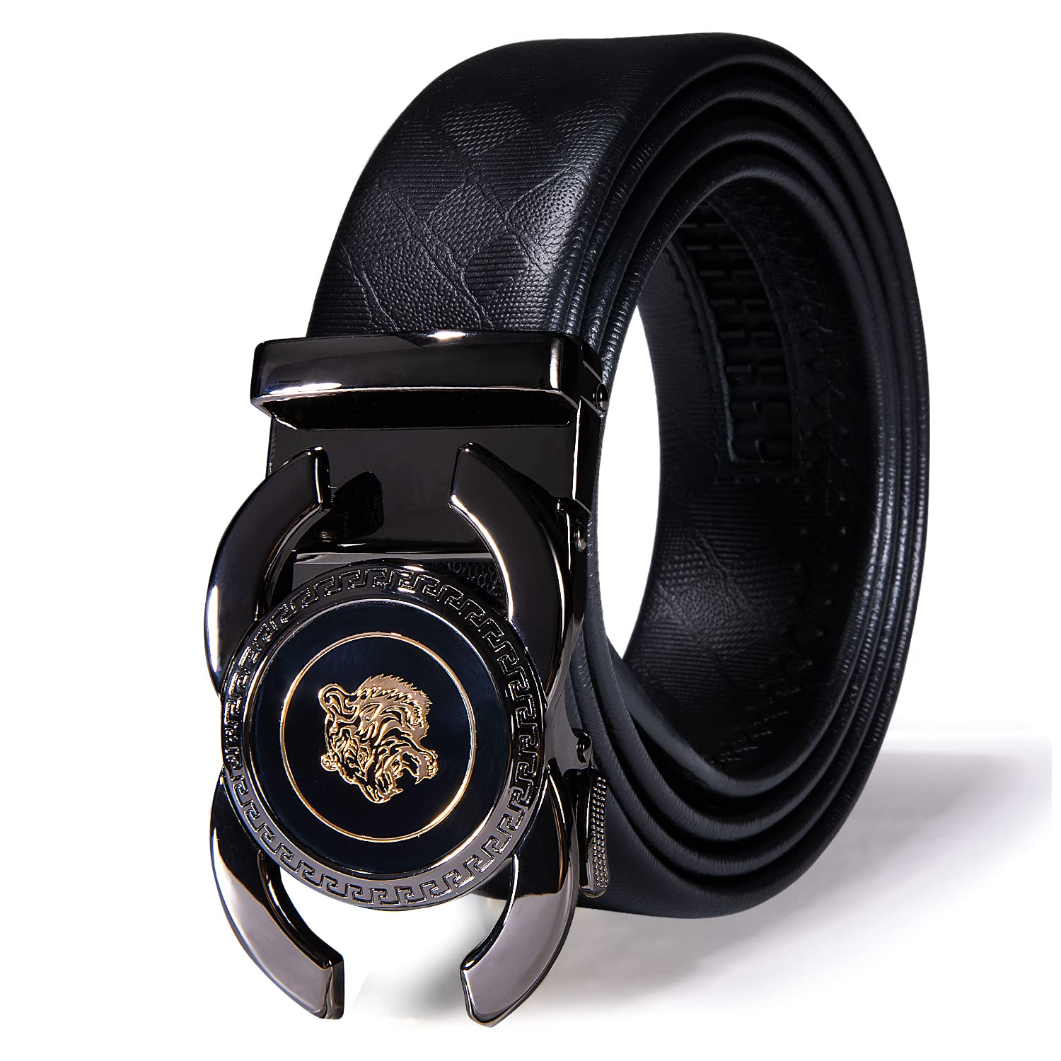 Dubulle Men's Designer Belt Black Tiger Buckle Ratchet Genuine Leather Adjustable Golf Sliding Removable Gift