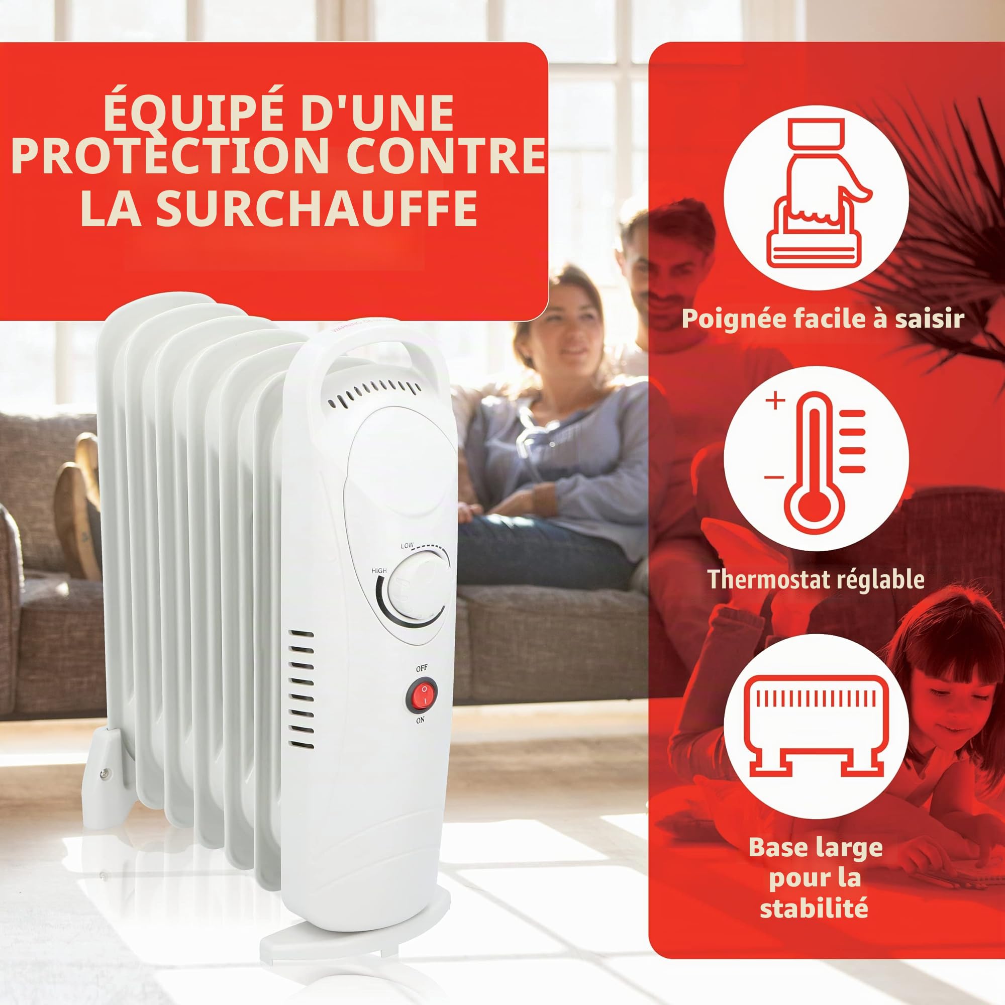alpina Radiateur Bain d'huile – Chauffage Huile Électrique 850W avec Thermostat Réglable – Protection Contre la Surchauffe – Radiateur Compact avec Poignée et Large Base – 7 Ailette
