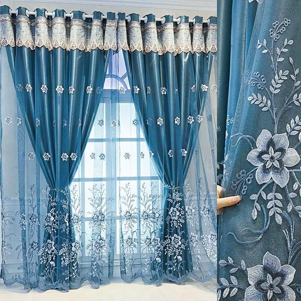 Photo 1 of Amidoudou 1 Pair European Double Layer Curtains for Living Room Bedroom Luxury Flower Embroidered Curtains with Valance (Blue,54x90 Inch)