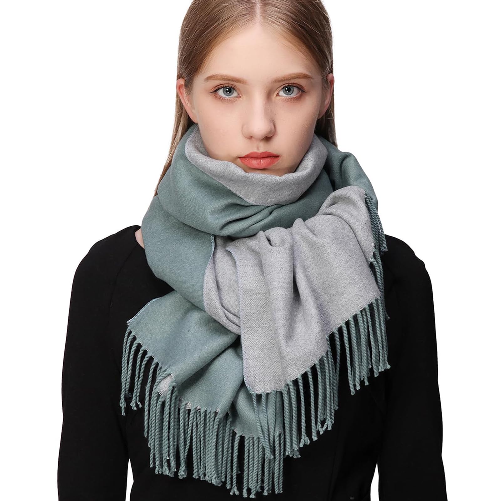 Riiqiichy Women's Turquoise And Grey Warm Winter Scarf Reversible Pashmina Shawl Wraps Cashmere Feel