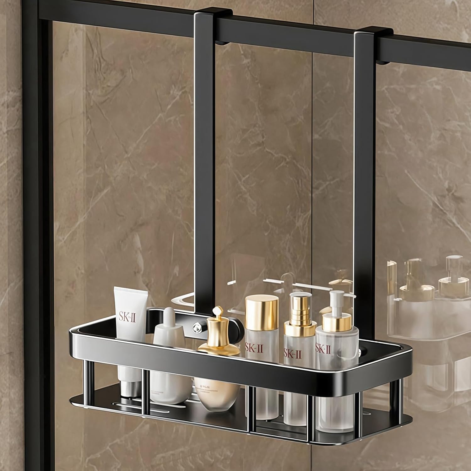 RAKSONIC 1-Tier Hanging Shower Caddy Over the Door Large Capacity Hanging Shower Organizer With Five Hooks on the