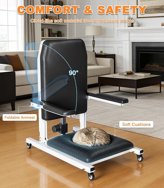 Electric Lift Chair, Electric Chair Lift with 4 Wheels for Elderly, Portable Floor Lift with Height Adjustable 3.9-19.7, Seat Belts, Handrails for Home, Up to 600 LBS (Black)