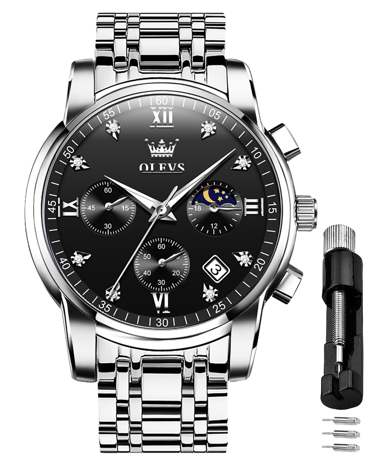OLEVS Herrenuhren Schwarz Edelstahlarmband Quarz Uhr Männer mit Diamant Datum Wasserdicht Leuchtende Klassische Elegantes Armbanduhr Geschenk