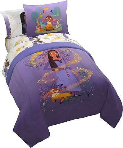 Disney Wish - Juego de edredón tamaño individual, juego de cama de 5 piezas, incluye juego de sábanas y fundas de almohada, ropa de cama súper suave