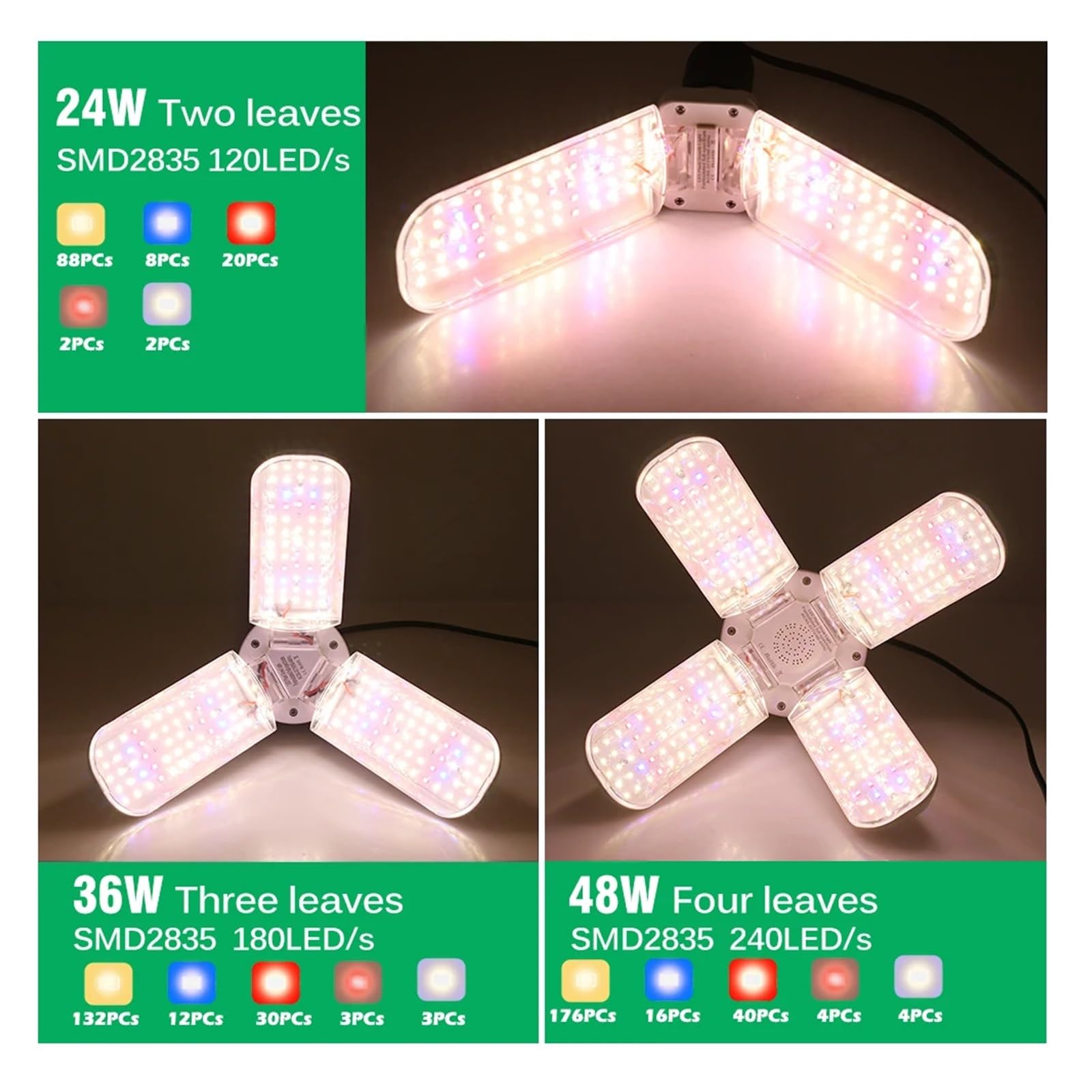 Grow Light, Luz LED plegable de 24W, 36W, 48W, espectro completo, E27, luz for cultivo de plantas, Bombilla Phytolamp for plantas de interior, plántulas de flores(24W-Only lamp)