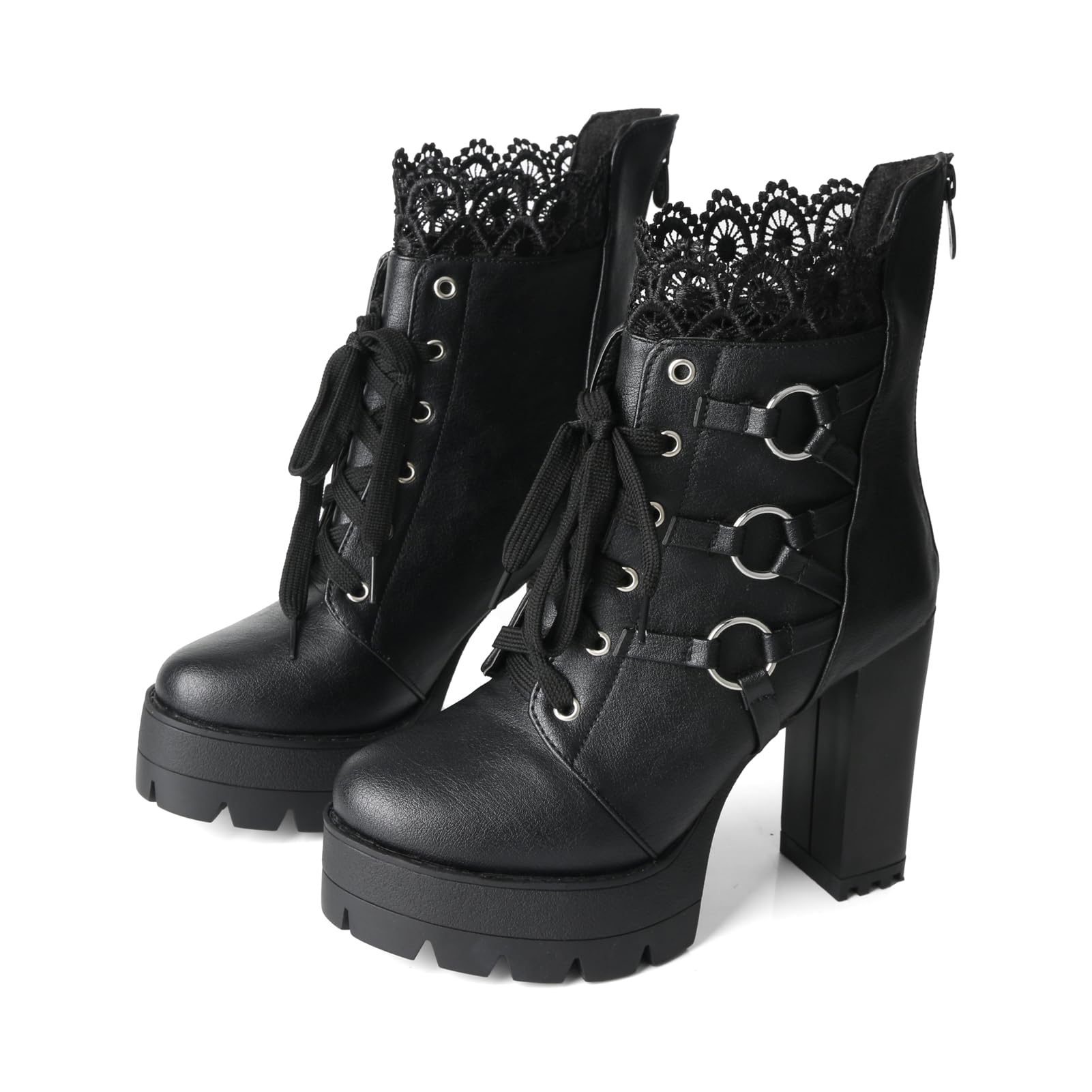 Black High Heel Boots For Women Platform Combat Booties Lace Up Goth Chunky Heeled Ankle Boot with Zipper