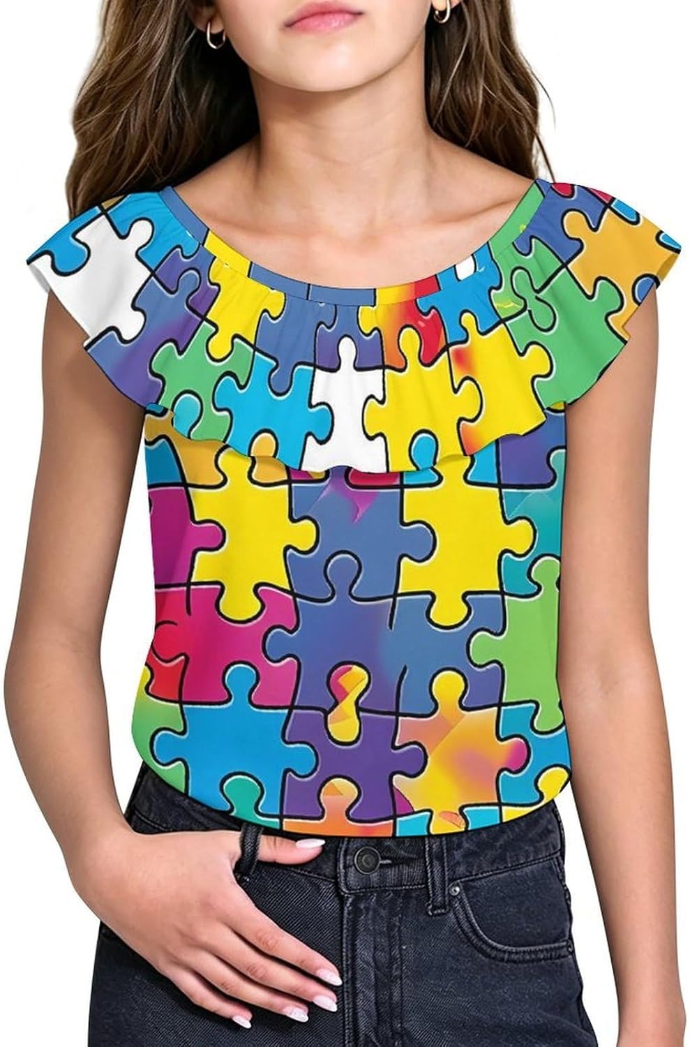Autism Awareness Girls T-Shirts Top Ruffle Short Sleeve Blouse Casual Graphic Tees