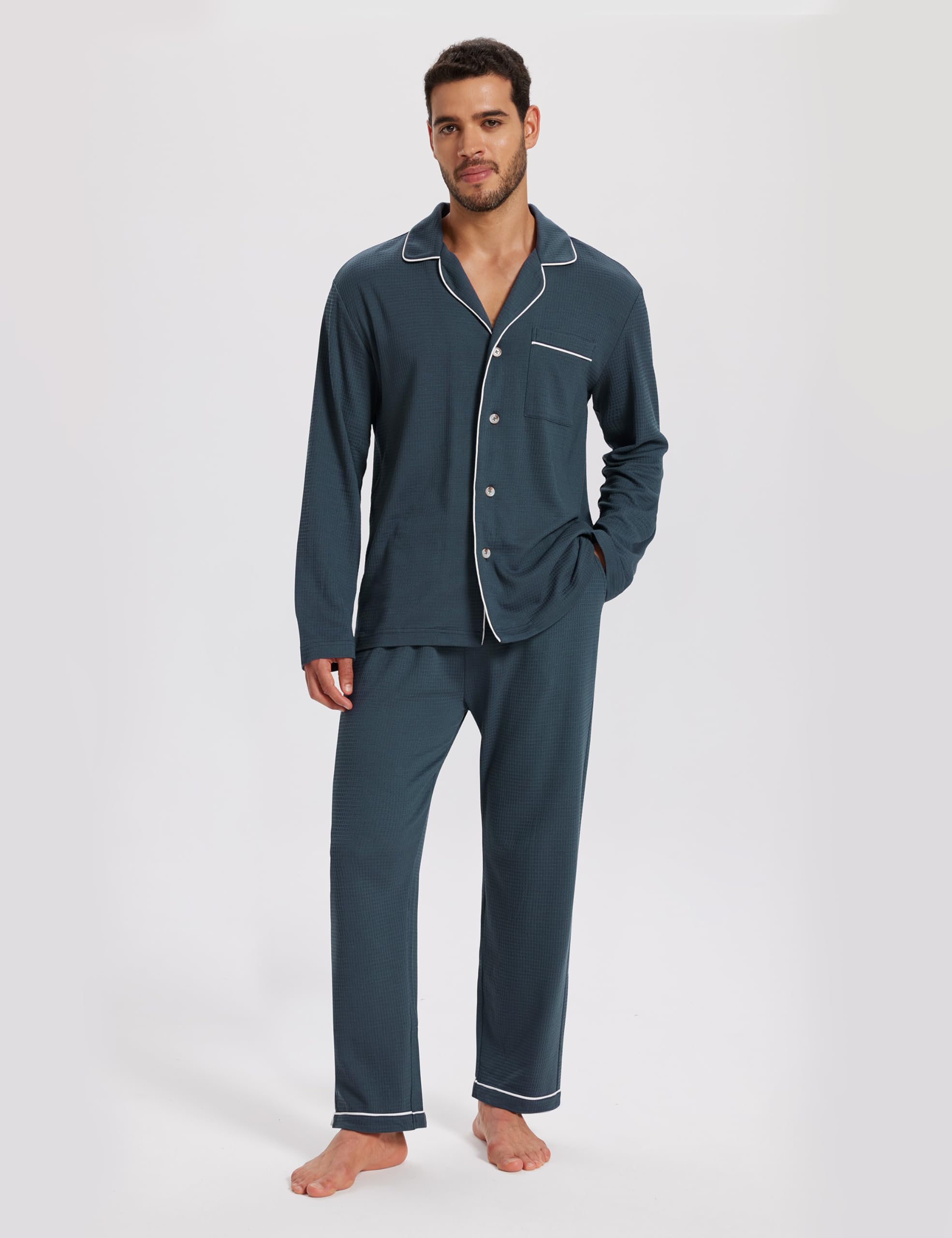 MoFiz Pijama Hombre Largo Otoño Invierno Conjunto de Pijamas con Botones Algodón Modal Suave y Cómoda Manga Larga Camisetas de Pijama y Pantalones Talla M-4XL