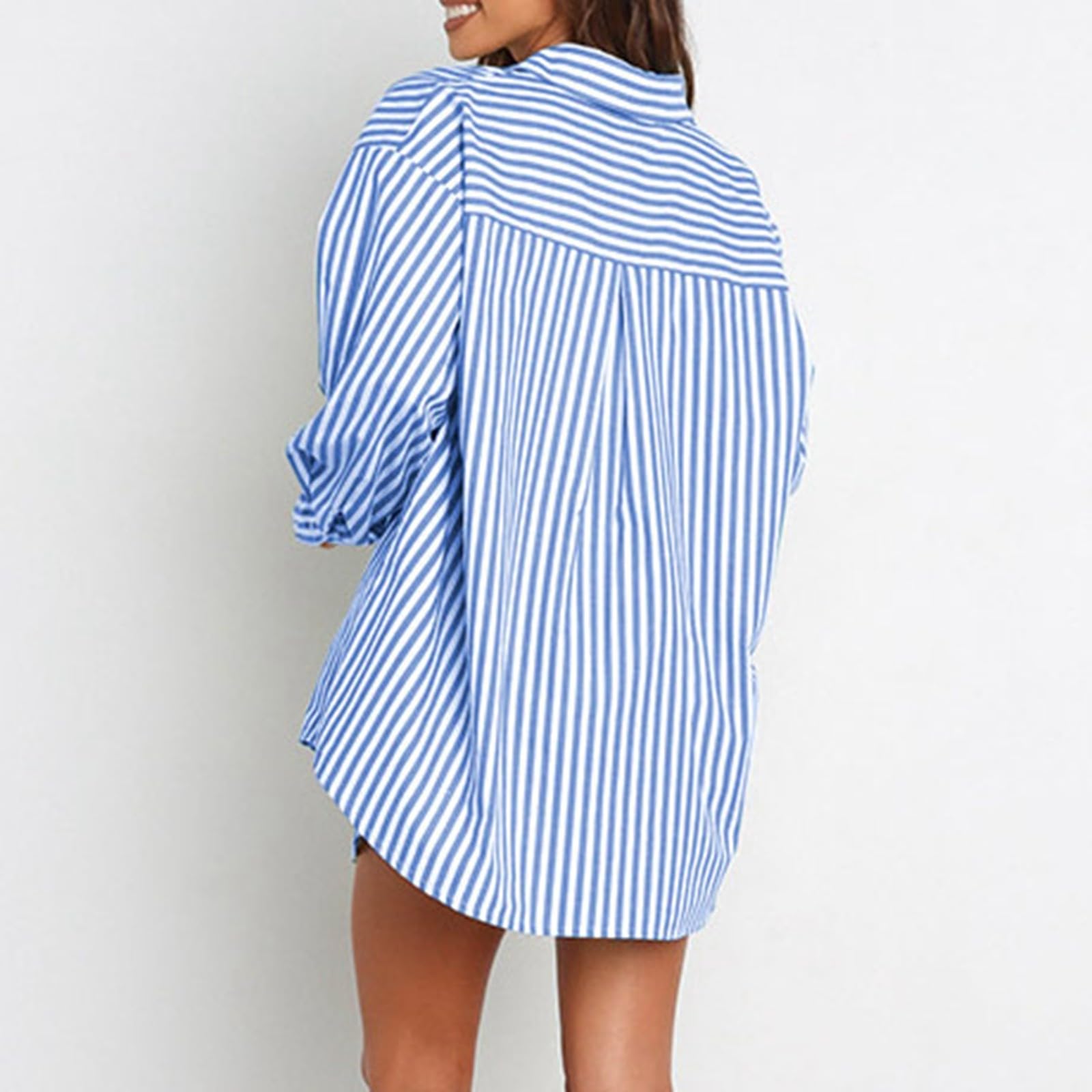 Conjunto de pantalones cortos casuales de primavera y verano para mujer, camisa a rayas de manga larga dividida de dos piezas
