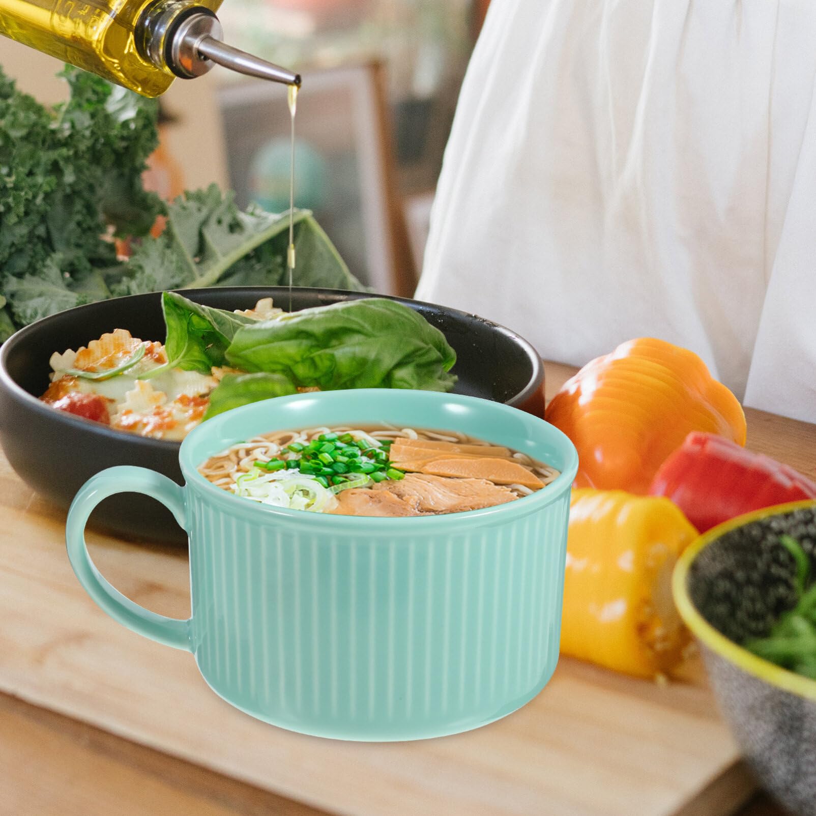 Keramik-Instant-Nudelschüssel, Instant-Nudelschüssel mit Deckel, Keramik-Ramenschüssel mit Griff, große Suppenschüssel, Bento-Lunchbox, Nudeln
