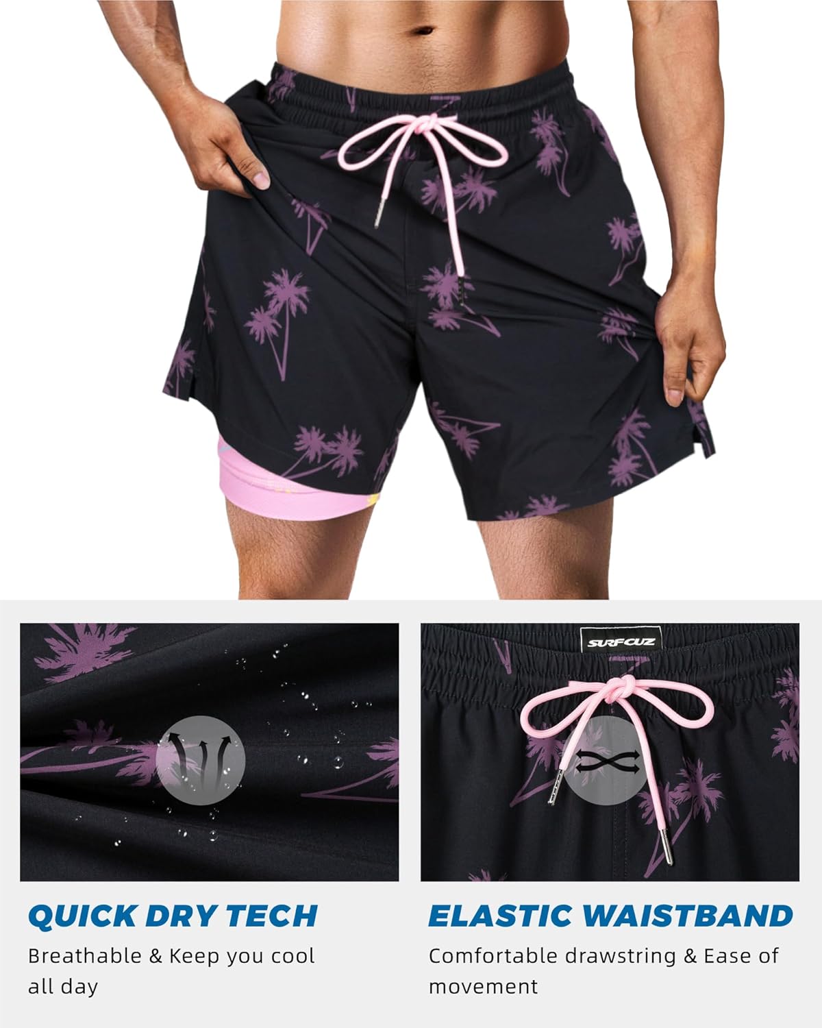 SURF CUZ Mens Swim Trunks with Compression Liner Swim Shorts 7" Swimming Trunks Stretch 7 Inch Swim Suits Quick Dry - Image 4