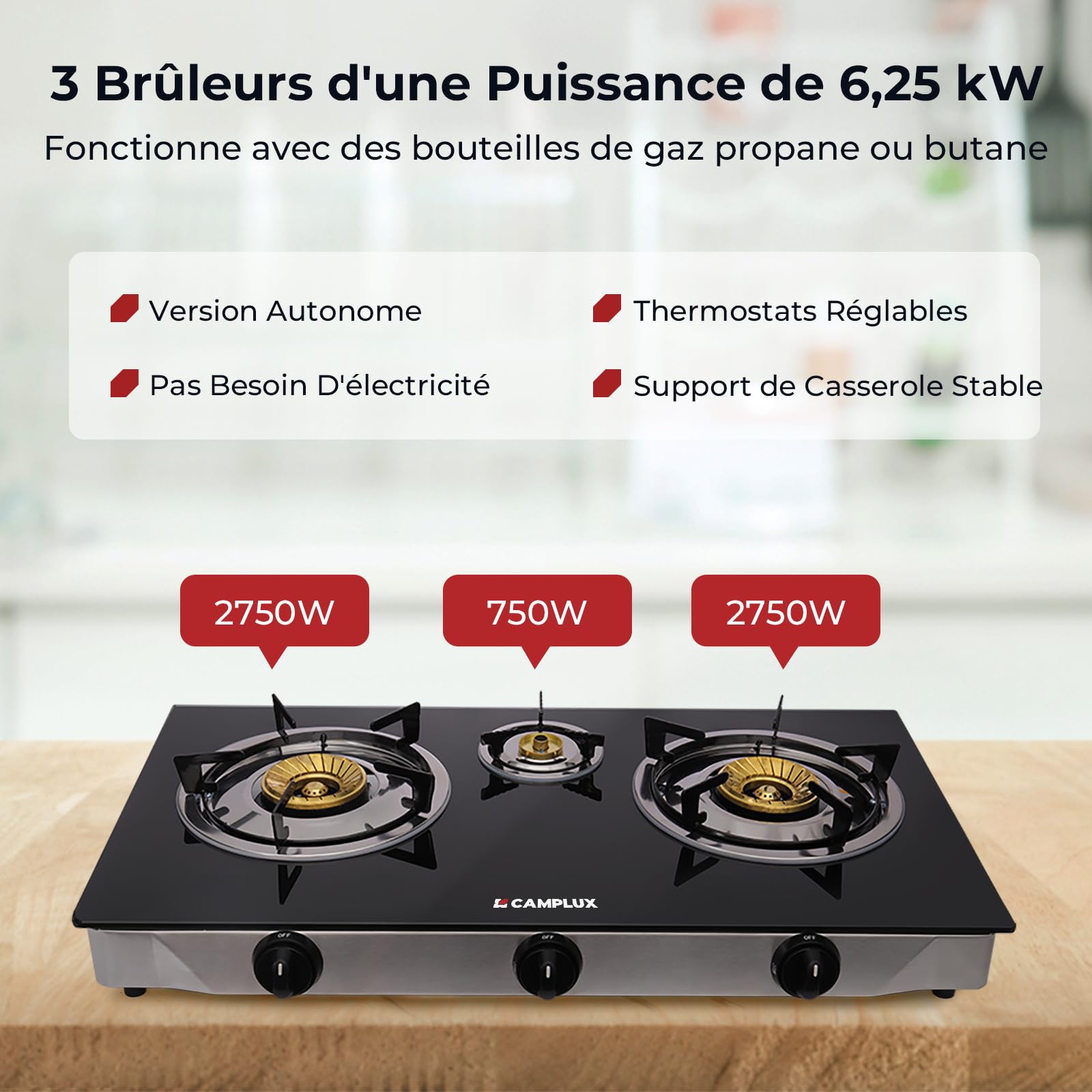 CAMPLUX Explorer Plaque à Gaz Portable 3 Feux, Réchaud GPL pour Camping, Jardin, 50 mbar, 6.250W, TC03GBDE