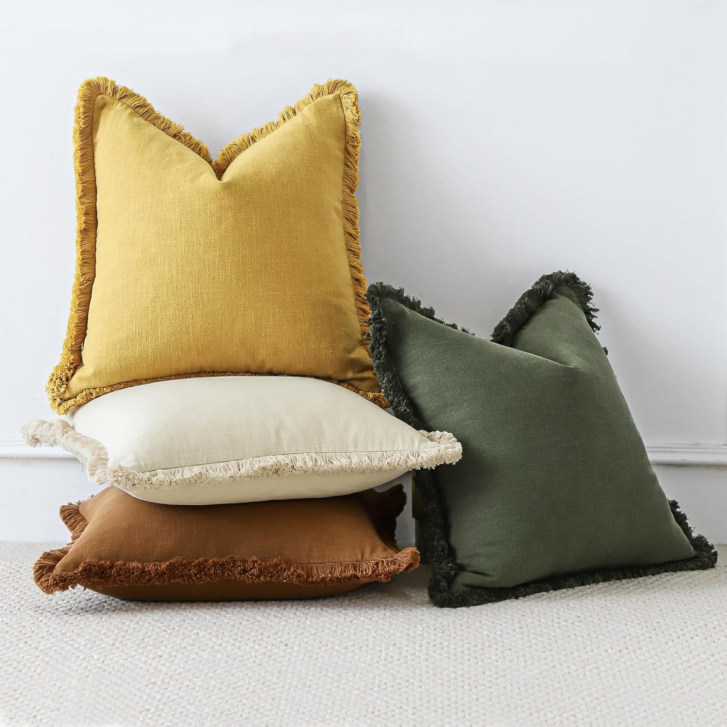 OTOSTAR Set of 2 Linen Fringe Decorative Throw Pillow Covers 16x16 Inch Soft Accent Cushion Covers with Tassels Boho Farmhouse Home Decor Pillowcases for Sofa Couch Patio Bed Living Room, Cream White