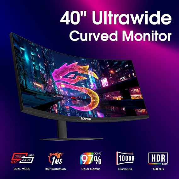 New! Sceptre Curved 39.7-inch 5K2K 5120 x 2160 UHD+ Prime Gaming Monitor up to 180Hz 1000R 1ms DisplayPort X2 HDMI X2 Build-in Speakers, Height Adjustable Machine Black 2027 (C415B-UUS360 Series)