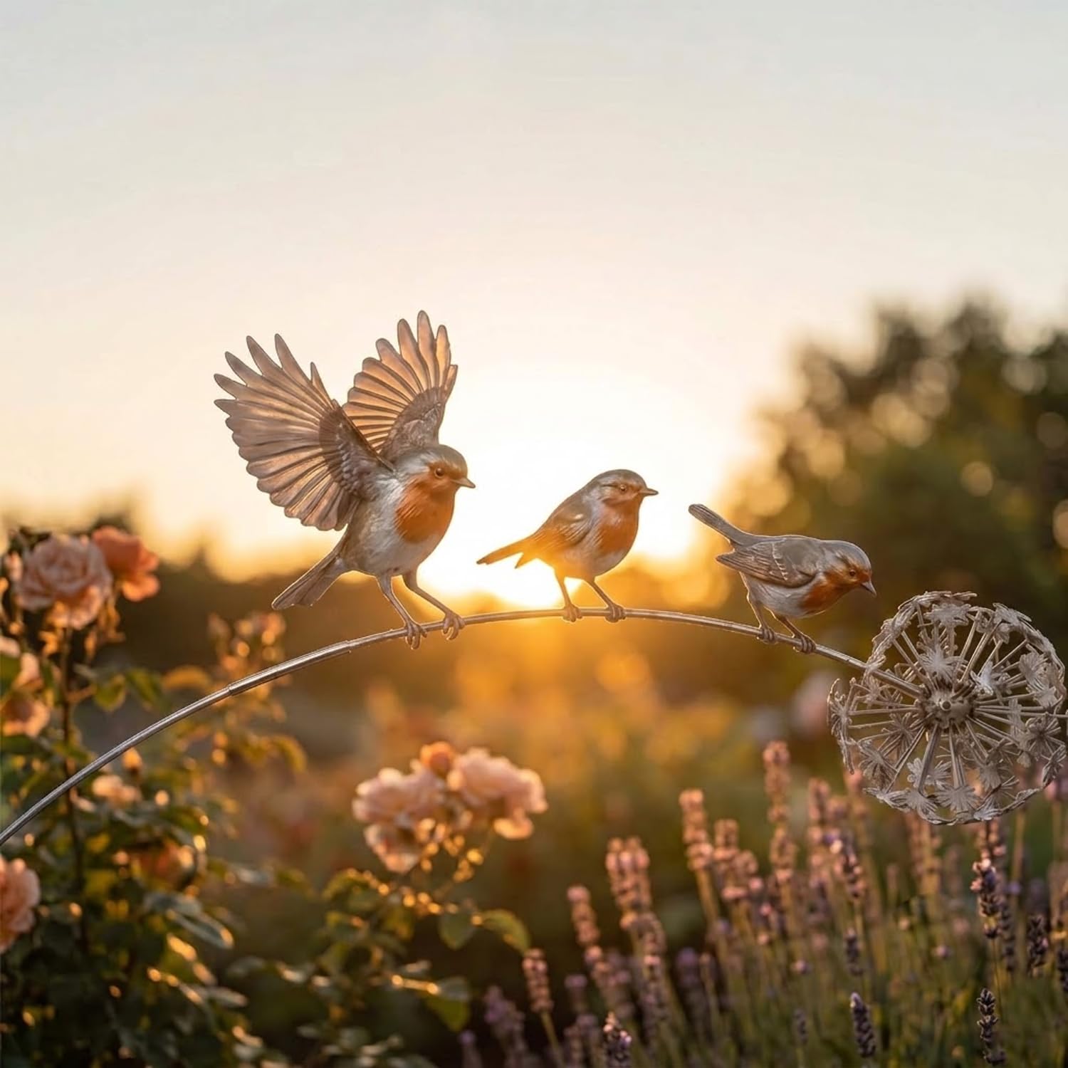 UIRPK Robin Garden Stake,Rustic Robin Bird Yard Art Decorations with Dandelion Accent, Metal Robins Bird Garden Sculpture (A)