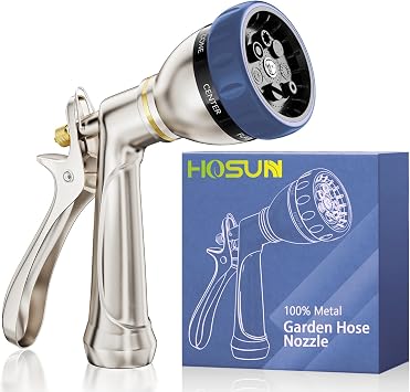 HOSUN Heavy Duty Garden Hose Nozzle, 100% Metal Adjustable Water Sprayer with 7 Spray Patterns, Leak-Proof Rear Trigger with Lock, High Pressure Hose End for Lawn Watering, Car Wash, Pet Cleaning