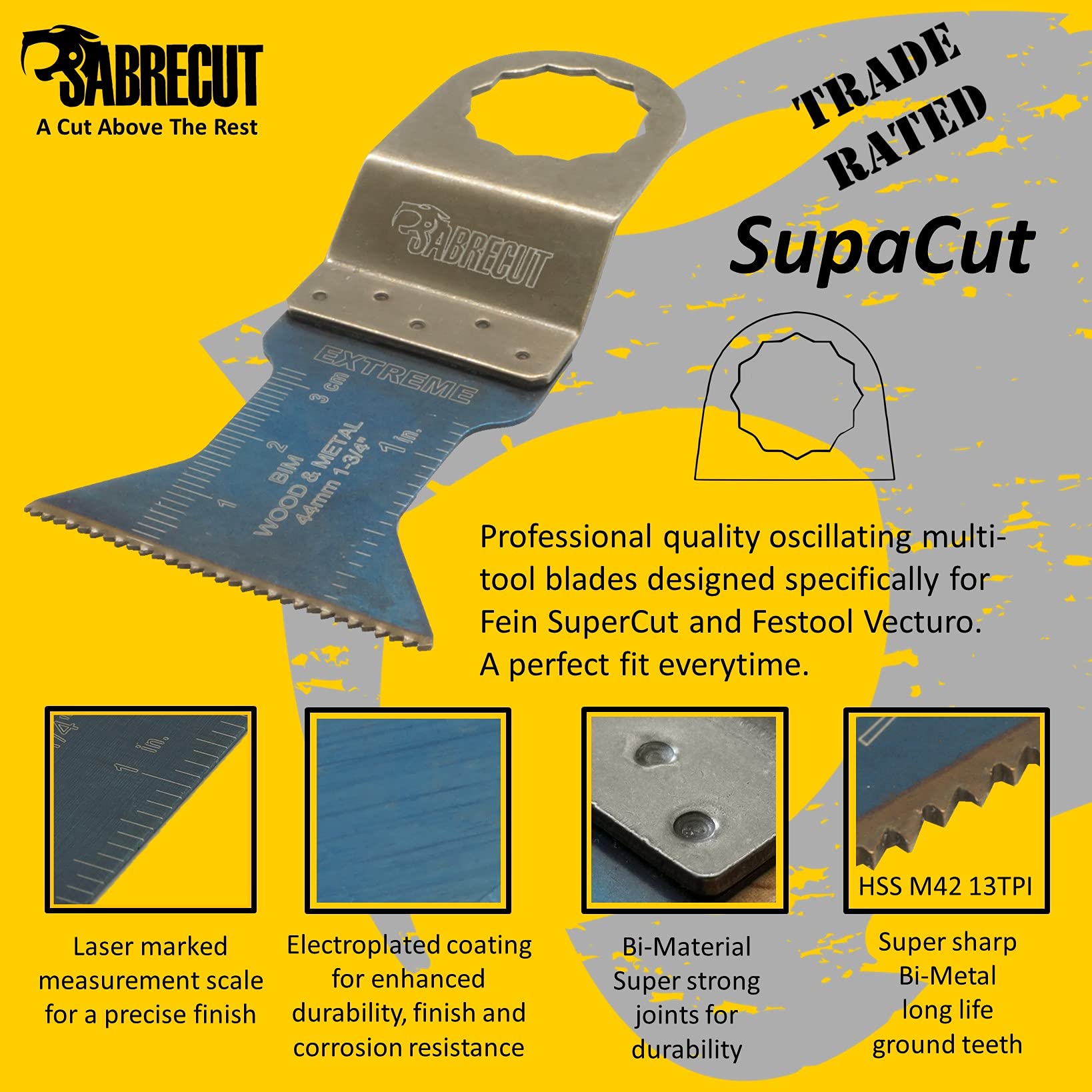 10 cuchillas bimetálicas SabreCut SC44B_10 de 44 mm compatibles con Fein SuperCut y Festool Vecturo (sin StarLock) Multiherramienta oscilante Accesorios multiherramienta