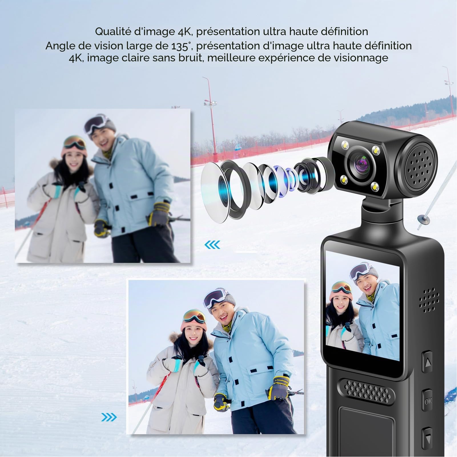 Caméra d'action Portable, 4K HD, Wi-FI, Rotative à 180°, pour Le Sport, Les Voyages, Les Vlogs, avec Clip, écran HD 1,3 Pouces, Contrôle par Application