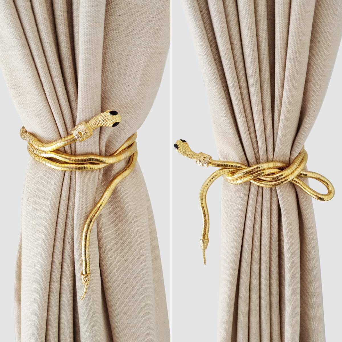 KXLIFE Snake Curtain Tiebacks Clips, Decorative Drapes Holdbacks, Handmade Metal Rope Tiebacks, Creative Window Drapes Twist Tie Backs, Snake Crafts (Gold, 2 Pack)