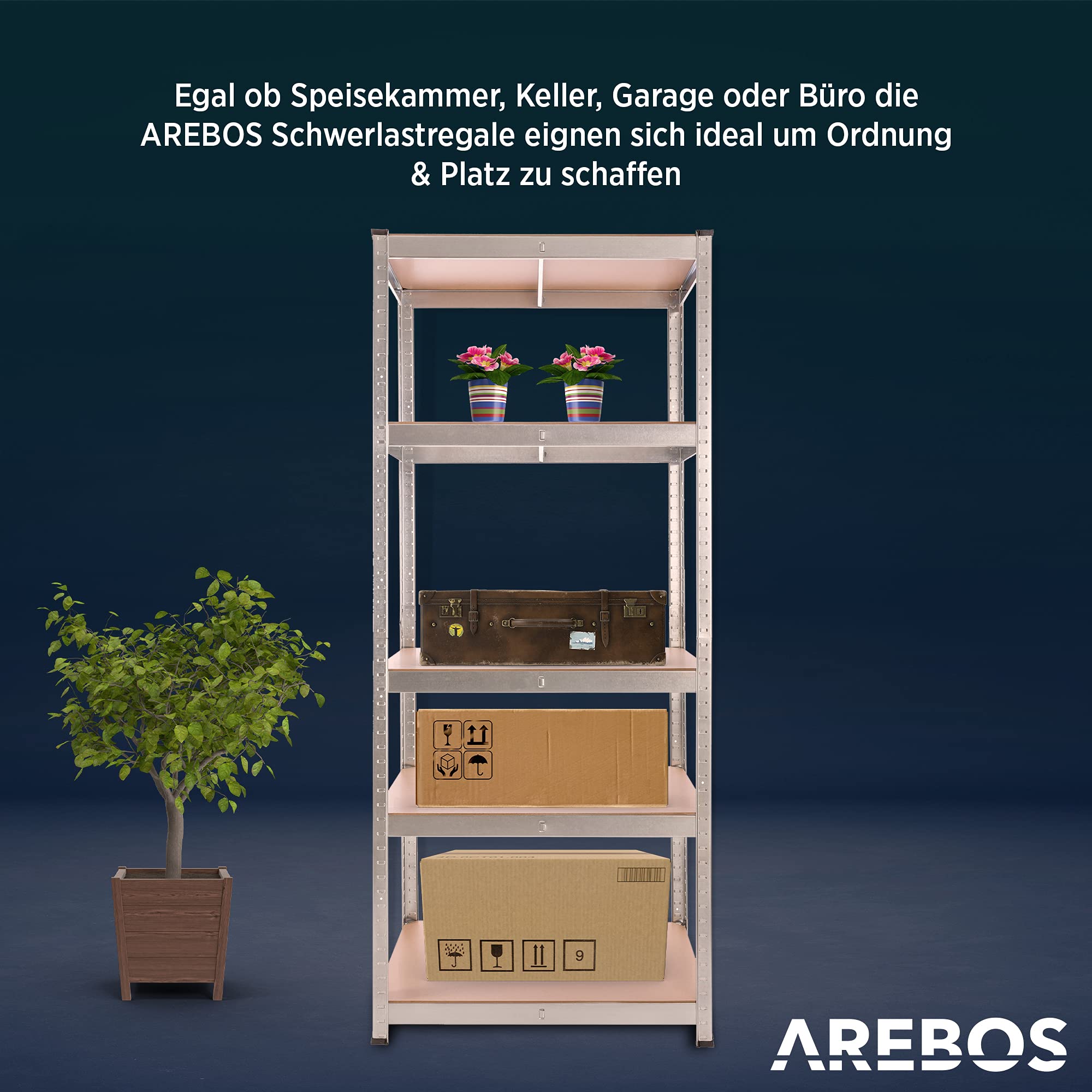 Arebos Schwerlastregal 180x75x45 cm | 875 kg Tragkraft | 5 MDF-Platten | Einfache Montage durch Stecksystem Regal Lagerregal Kellerregal Steckregal Werkstattregal | verzinkt