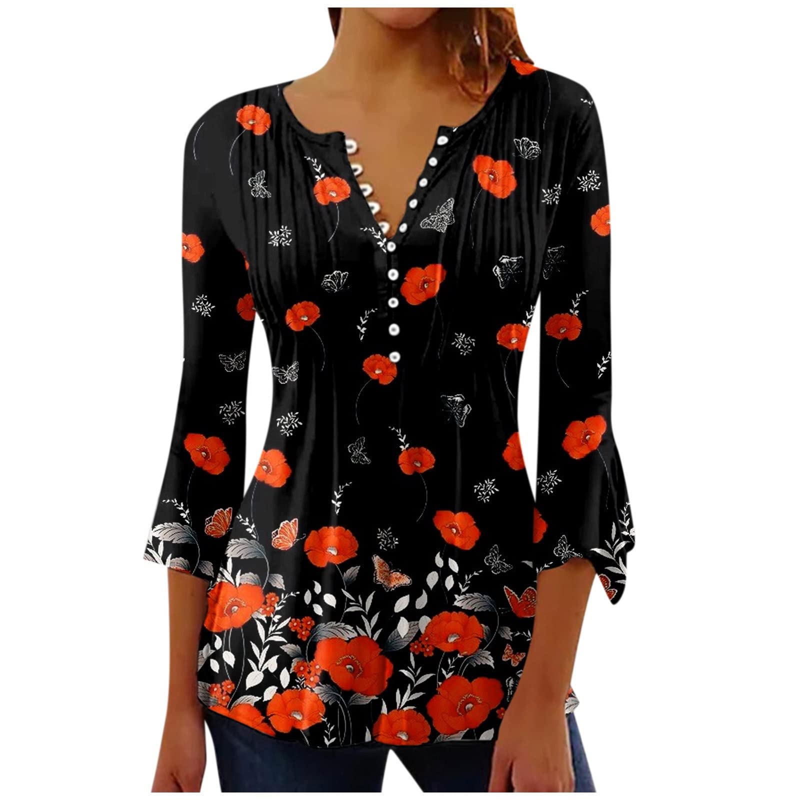 Button Down Pleated Summer Tops for Women, Women's 3/4 Sleeve Tops Blouses Flowy Hide Belly Tunic Tops T-Shirts