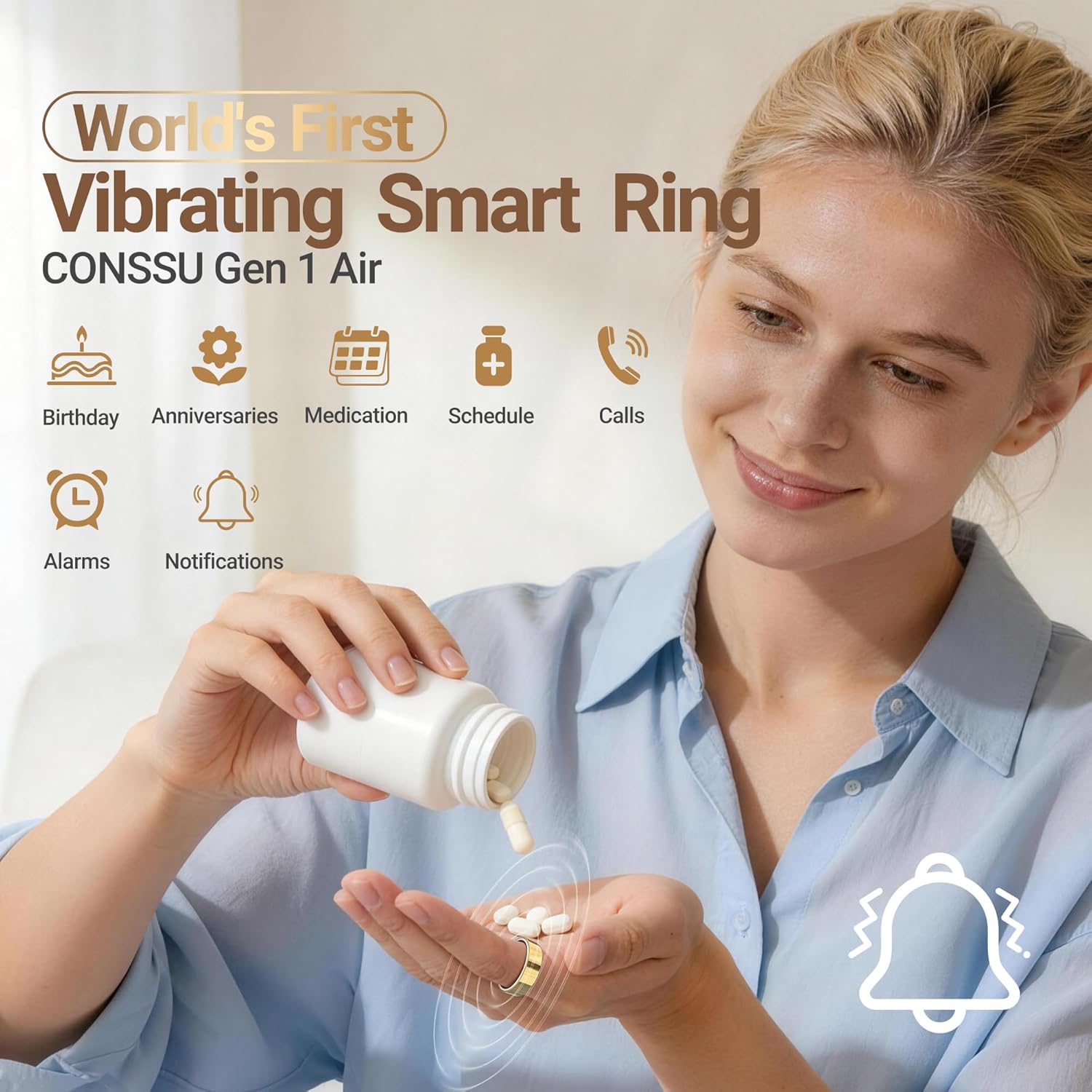 CONSSU AI Smart Ring for Men Women, Sleep Fitness Health Tracker, Body Temperature, Heart Rate & Blood Oxygen Monitor, Vibration Alert, No Subscription Fee, 4-6 Day Battery Life, Gold - Size 10