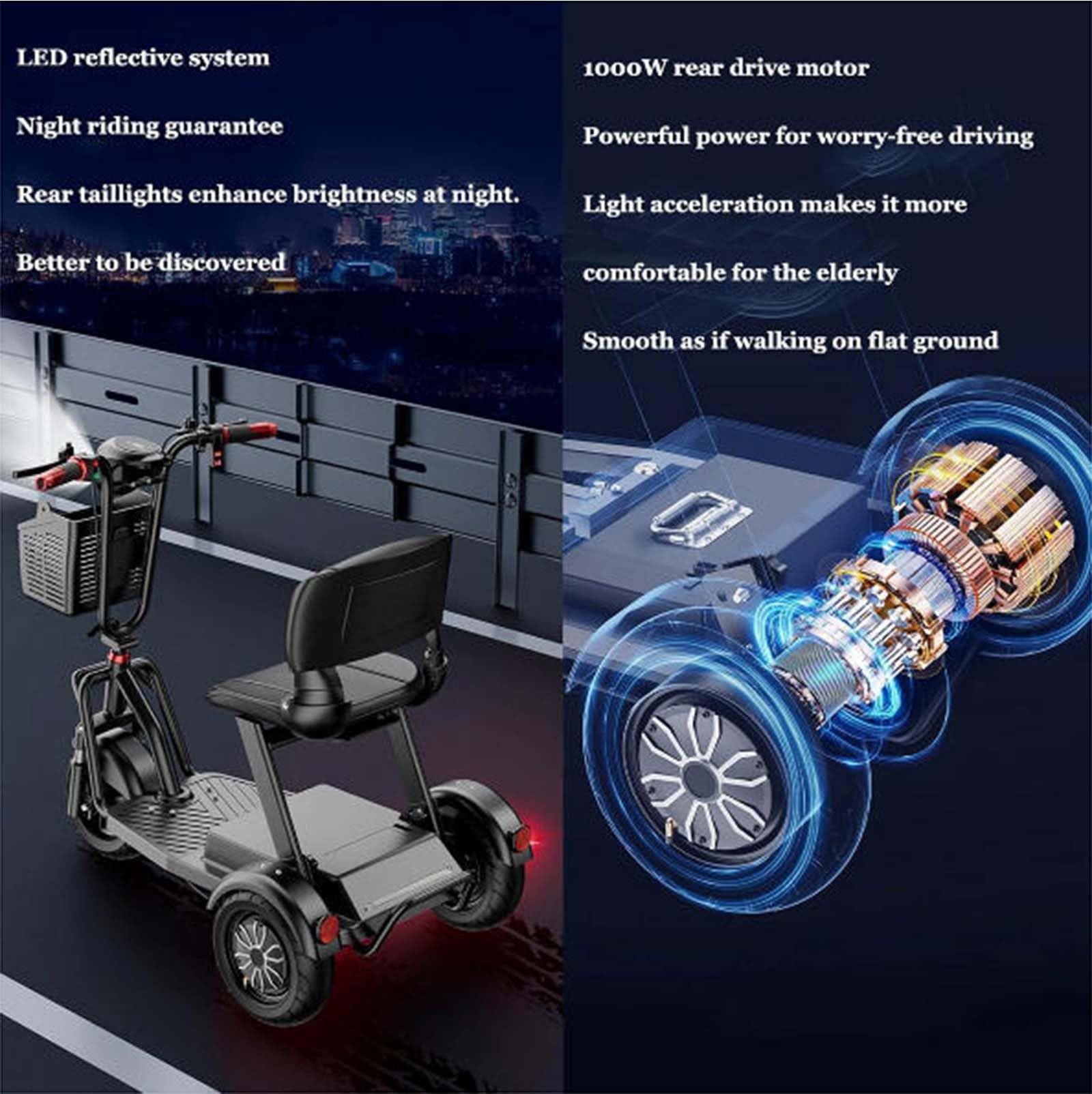 Generico Scooter per Mobilità a 3 Ruote Leggero e Pieghevole per Adulti e Anziani con Sedile Ergonomico e Batteria Rimovibile con Cestino