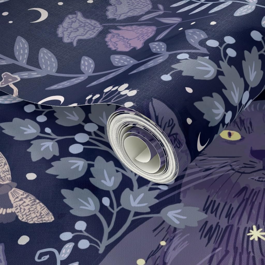 Peel & Stick Wallpaper 3ft x 2ft - Night Garden Lunar Witch Dreamy Indigo Blue Purple Black Moody Botanical Jumbo Scale Celestial Cat Custom Removable Wallpaper by Spoonflower
