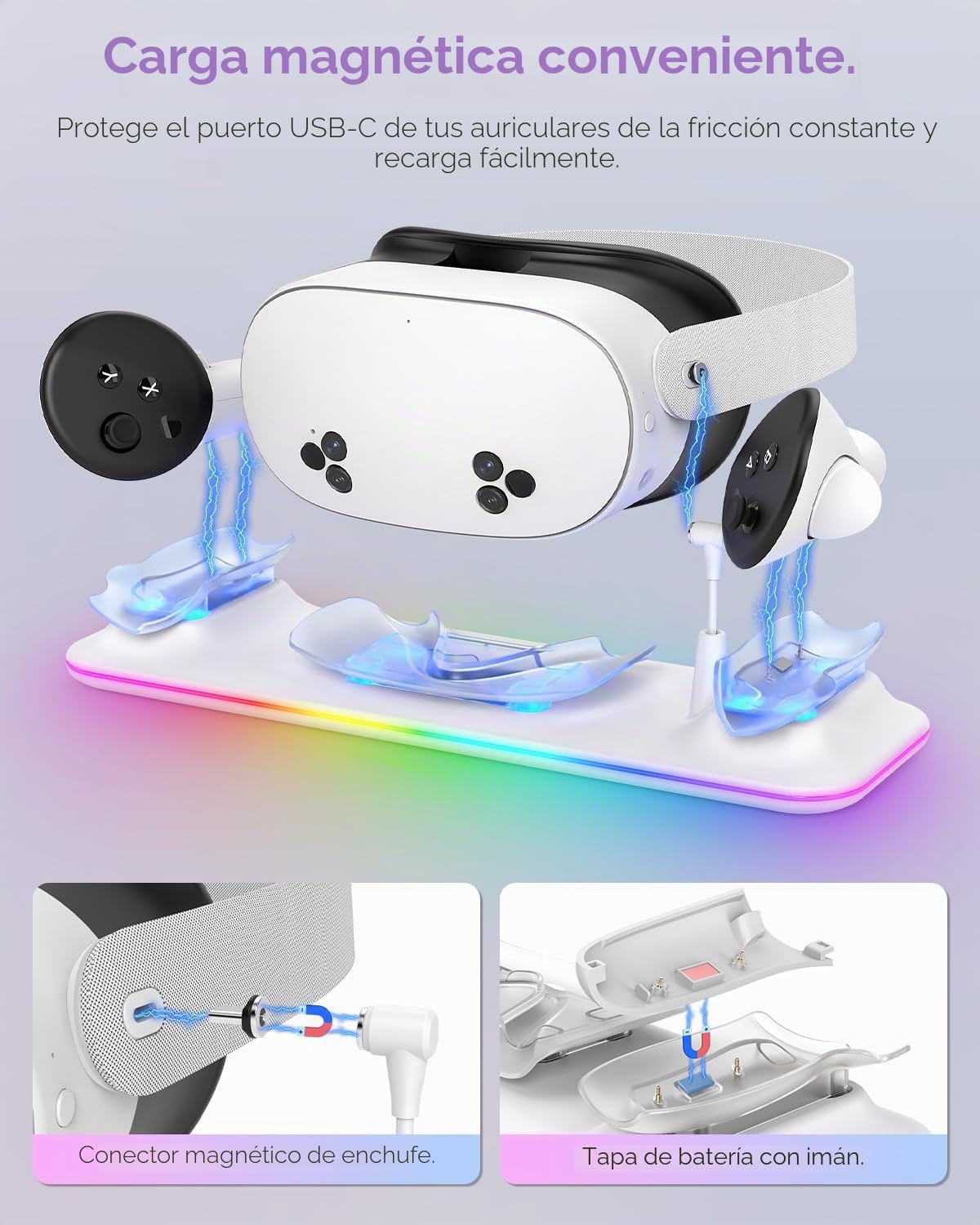 Base de carga para Meta Quest 3S/3, estación de carga magnética Kinwin para Oculus Quest 3S/3, accesorios con luz RGB, soporte de carga para auriculares VR y controlador con 2 baterías recargables
