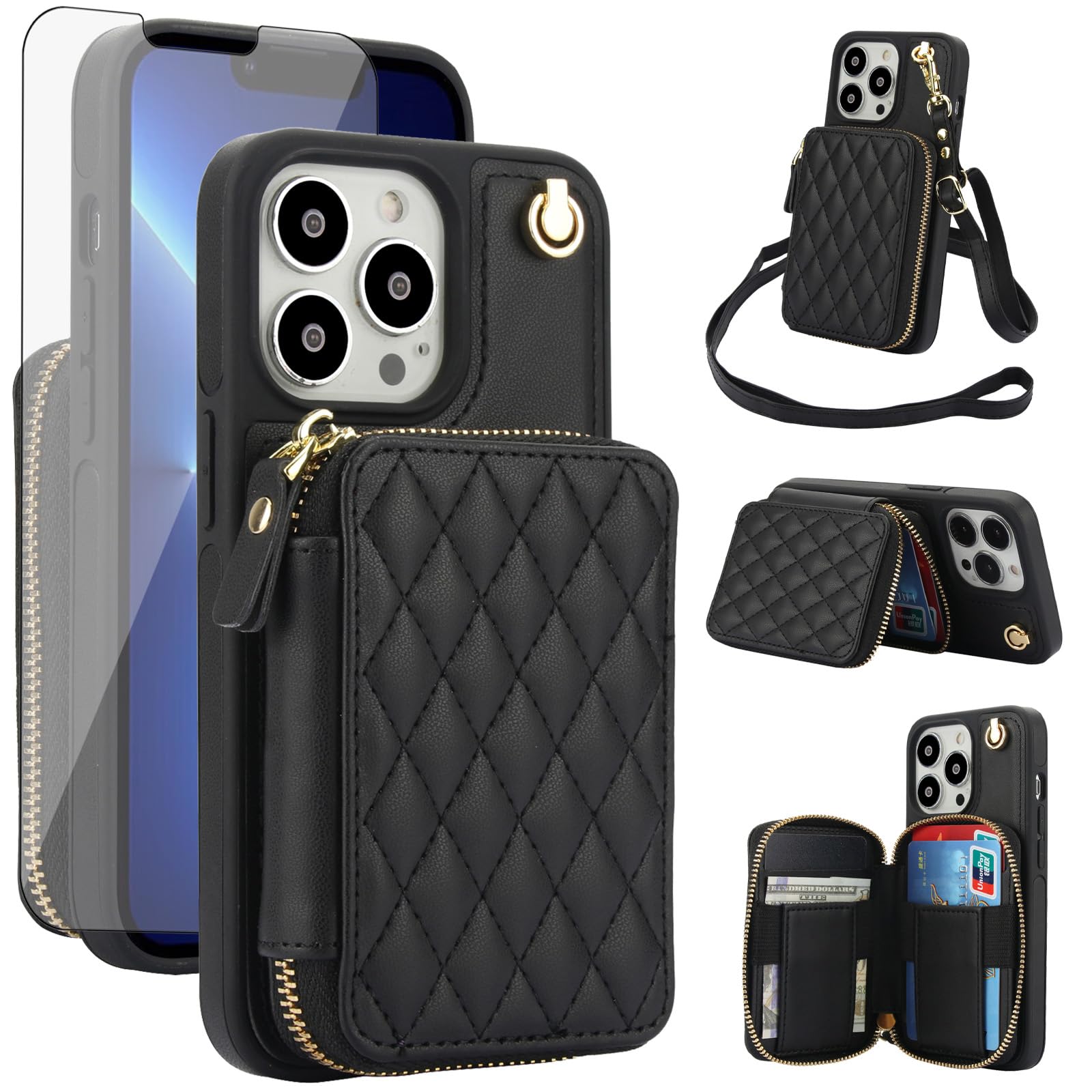 Asuwish Phone Case for iPhone 15 Pro 6.1 inch Wallet Cell Cover with Tempered Glass Screen Protector Wrist Crossbody Strap Stand RFID Blocking Credit