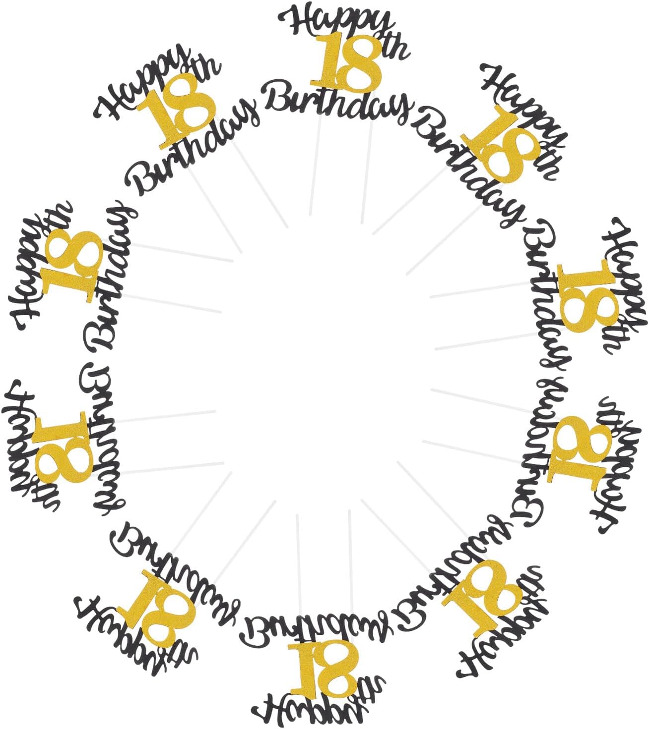 10pcs Happy Birthday Cake Topper with Black and Gold Glitter Number 18 Non-edible Birthday Cake Picks for 18th Party Decorations