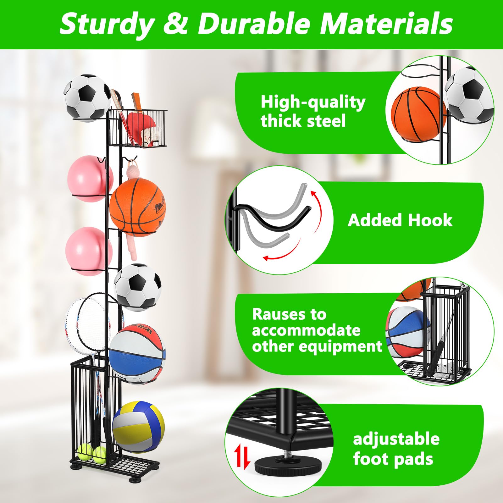 Scaffale Porta Palloni A 3 Livelli In Metallo Nero – Supporto Per Basket, Calcio, Pallavolo, 64,5x24 Cm