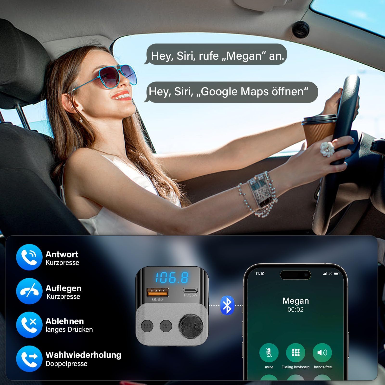 Adapter Bluetooth do samochodu, nadajnik FM - Bluetooth 5.3 zestaw głośnomówiący, ładowarka PD36W USB-C & QC3.0, adapter Bluetooth do samochodu z wyświetlaczem napięcia dla iPhone, Android Autoradio