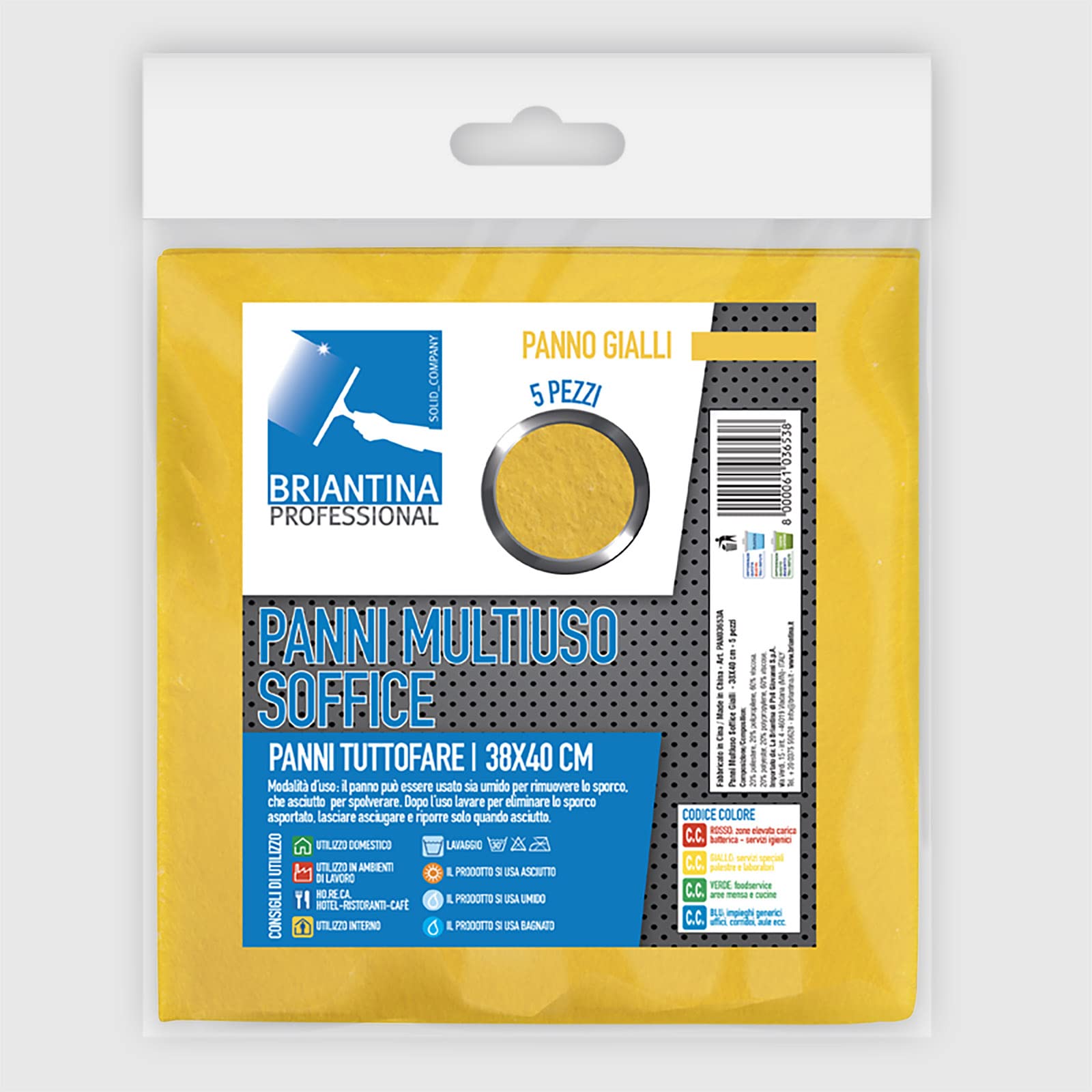 La Briantina Set 5 Panni Multiuso per Pulizie Professionali, a Doppia Azione Pulisci e Spolvera, 38x40 cm, 5 Pezzi Riutilizzabili, in Giallo