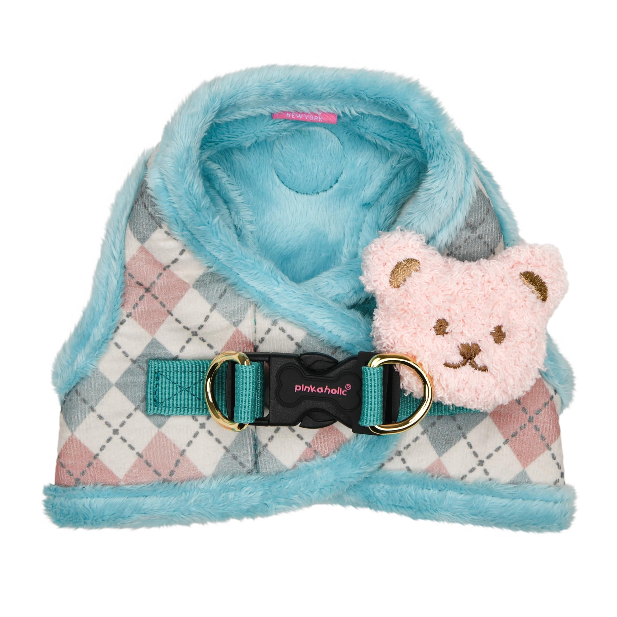 Pinkaholic New York Annika Vest Dog Harness Step-in Warm Winter Argyle Pattern for Small Dog, Aqua, Small