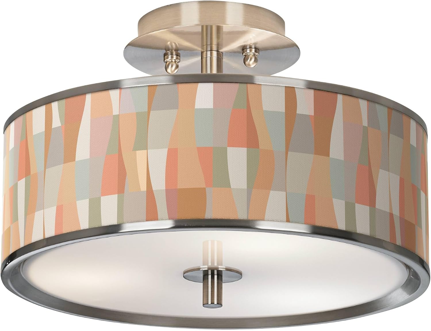 Giclee Glow 14" Mid Century Modern Mission Craftsman Semi Flush-Mount Ceiling Light Fixture Kitchen Foyer Hallway Drum Round Sedona Shade LED Silver Brushed Nickel Finish Bedroom Bathroom Entryway