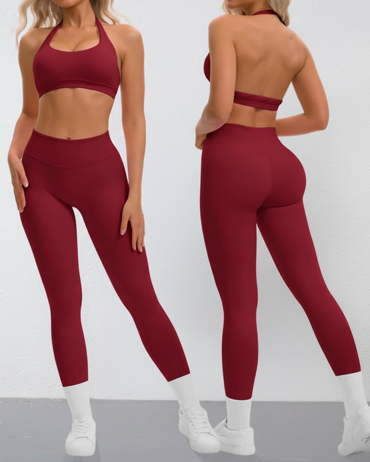 Coume Women Workout Set 2 Piece Seamless Halter Bra Scrunch Butt Lifting Leggings High Waisted Sports Gym Yoga Matching Set - Image 6