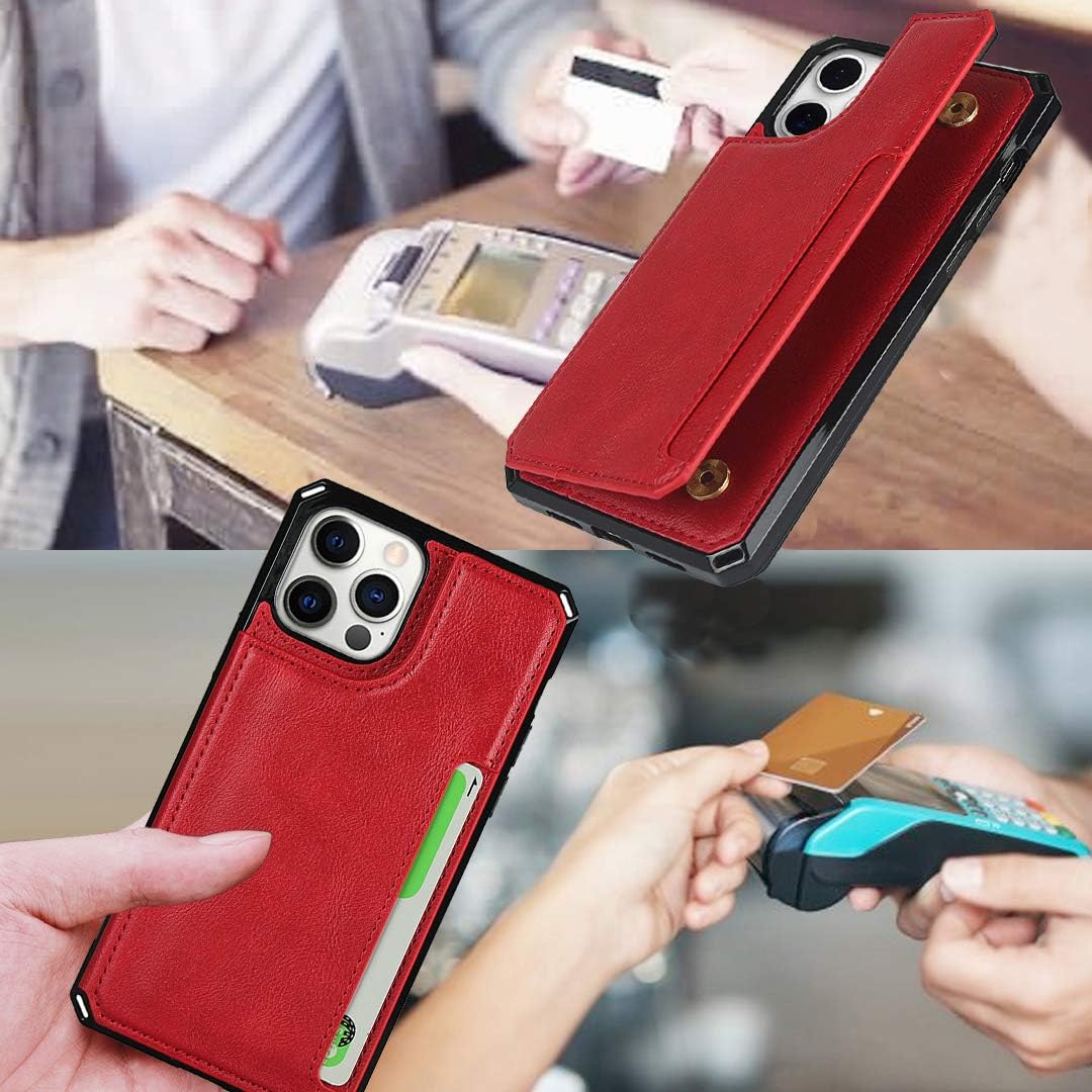 Cavor for iPhone 12 Case with Card Holder,for iPhone 12 Wallet Case for Women Men,Phone Cases for iPhone 12 Pro Case with Stand & Strap,Leather Shockproof Protective Case Cover- Red