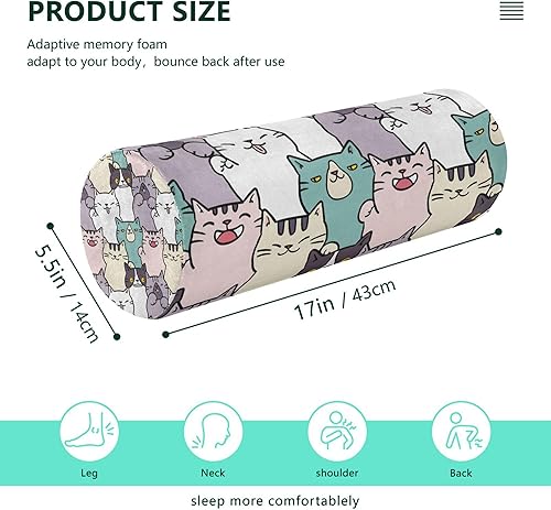 Miniatura 2 de JUNZAN Cute Cartoon Cats Funny Bolster Pillow Spa Firm Neck Roll Pillow Round Pillows for Sleeping for Back Support Pillow Cylinder Accent Pillow