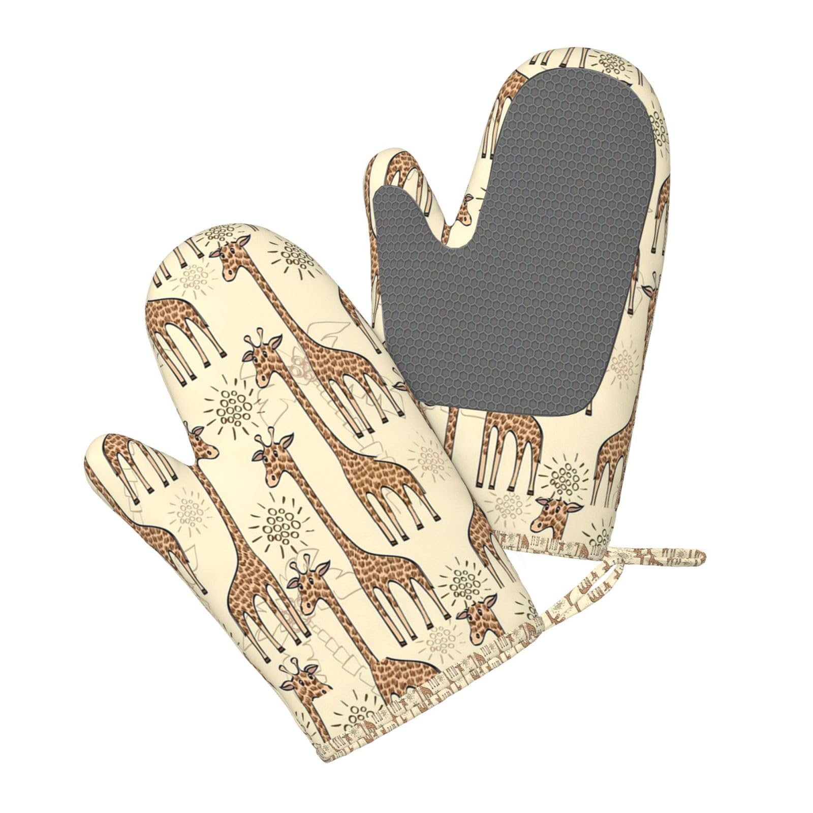 Ensemble de Quatre Gants et maniques résistants à la Chaleur, Gants de Cuisine antidérapants, maniques de Four, Motif Girafe dessiné à la Main