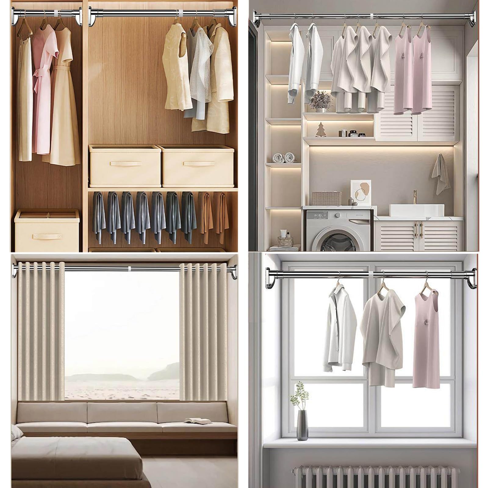 Barra Cortina Tensora Ajustable En Acero Inoxidable, Extensible 4,3-7,2 Ft, Estilo Industrial, Sin Taladrar, para Baño, Dormitorio, Interior Y Exterior(Silver,130-220cm(4.3-7.2ft))